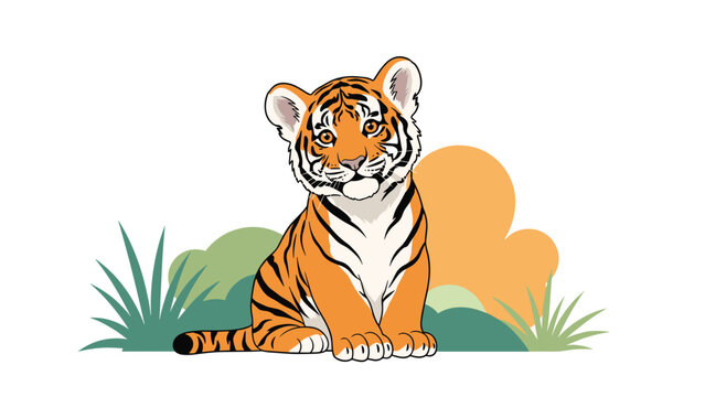 Beautiful young tiger cub with detailed orange and black stripes sits calmly on the ground with lush green bushes in the background.