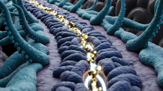 Dynamic Blood Brain Barrier Microscopic View Transporting Particles Through Capillary Vessel With Astrocyte Cells Dark Purple