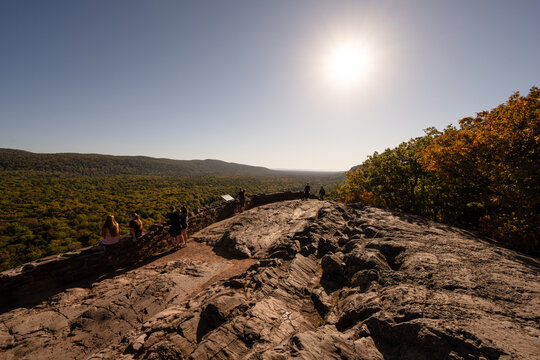 People hiking enjoying Lake of the Clouds overlook Porcupine Mountains