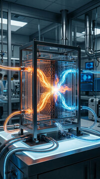 Nano Energiespeicher Akku surreal Futuristischer Nanospeicher Energieerzeuger mit Ionenfluss im Forschungslabor