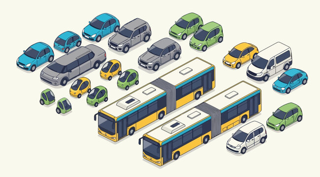 Colorful isometric illustration of various cars and buses on a pale yellow background