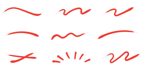 Collection of dynamic hand drawn red brush strokes and underline elements for creative graphic design projects © Tanvir Khan