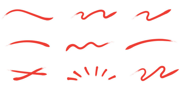 Collection of dynamic hand drawn red brush strokes and underline elements for creative graphic design projects