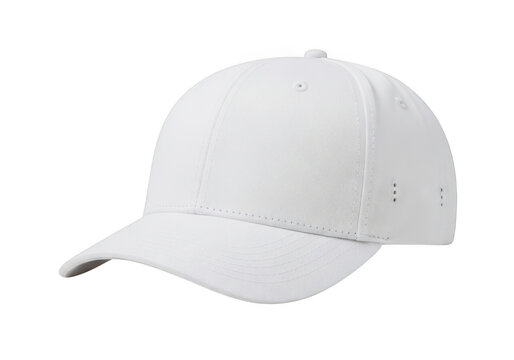 A classic white baseball cap with a curved brim and small black embroidered logo.