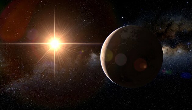 Golden-orange radiant star with symmetrical eight-point rays, glowing against dark cosmic background, faint Milky Way visible, luminous celestial object symbolizing universal energy, brilliance, and i