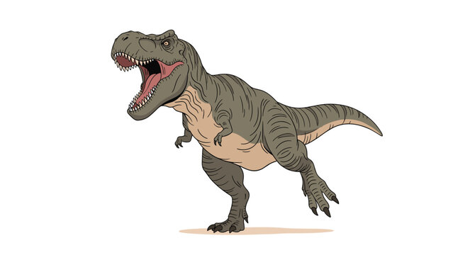 Powerful Tyrannosaurus Rex dinosaur standing with its mouth wide open in a loud roar showing sharp teeth and a pink tongue.