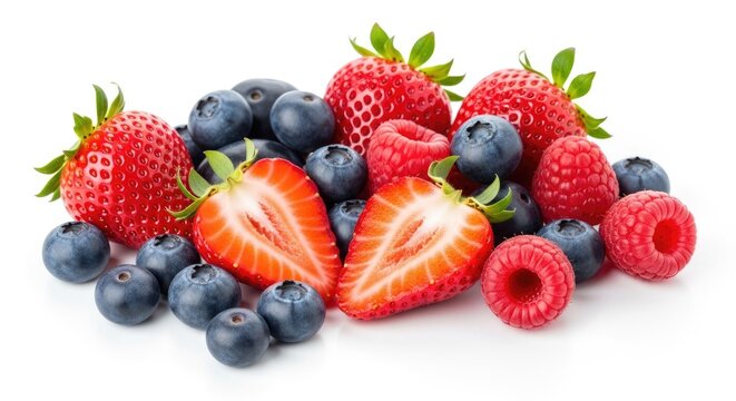 Fresh strawberries blueberries and raspberries on white background close up