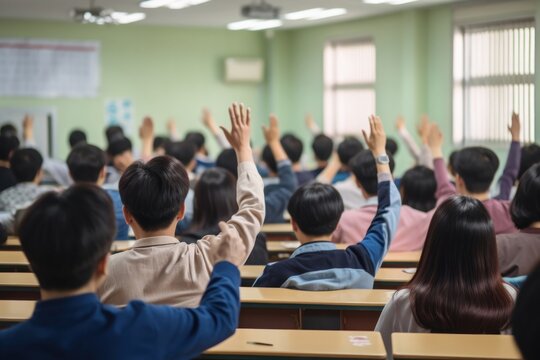 Back view of korean student raising his hand architecture classroom education.