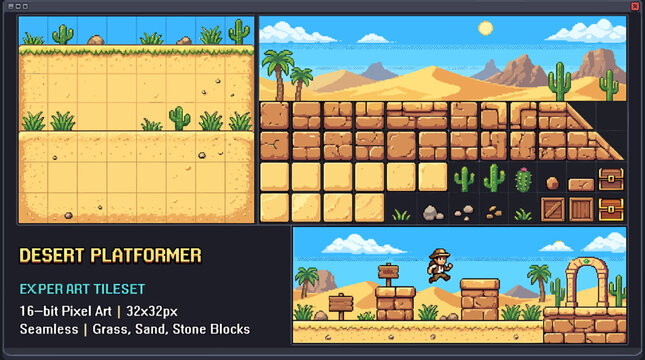 Pixel Art Desert Platformer Game Tileset Assets