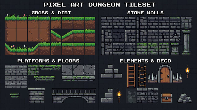 Pixel Art Dungeon Tileset for Game Development and Fantasy Worlds