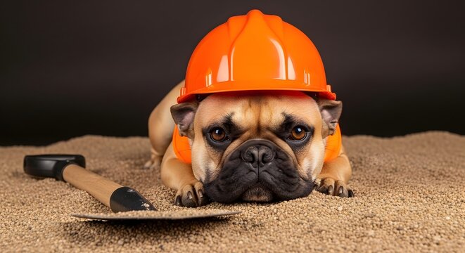 Cute french bulldog wearing an orange construction hard hat lying on sand with a shovel