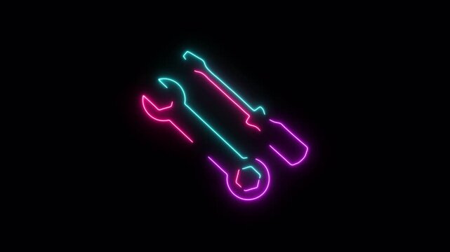 Neon Screwdriver and Wrench Tools Icon Animation Loop on Transparent Background