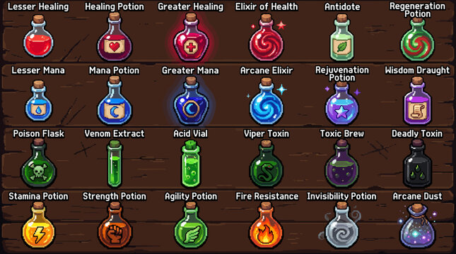 Fantasy Potion Collection with Icons and Labels