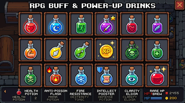 Pixel Art RPG Buff and Power-Up Drinks Collection