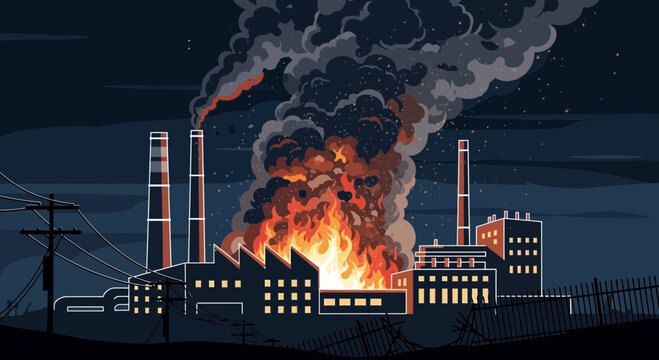 Industrial factory fire at night with dark smoke and flames billowing from chimneys and explosions.