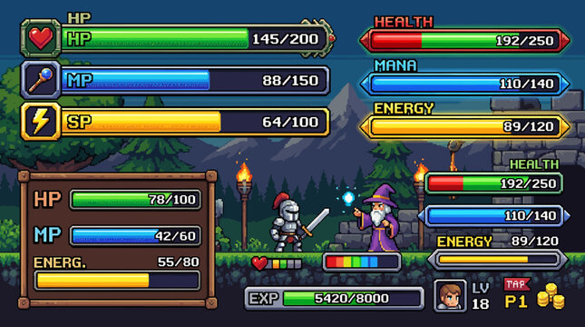 Pixel Art RPG Game UI with Health and Mana Bars