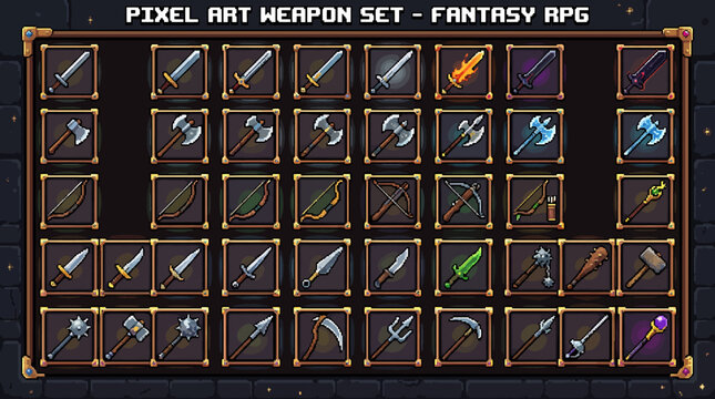 Pixel Art Fantasy RPG Weapon Icons Set