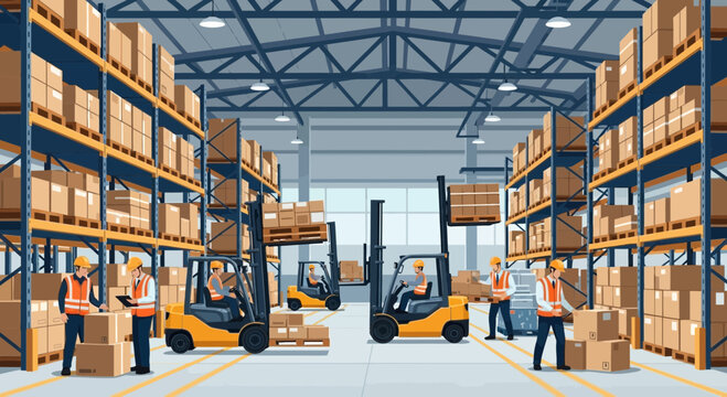 Warehouse Interior with Forklifts, Workers, and Shelves Full of Boxes - Logistics and Storage Concept