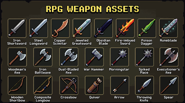 Pixel Art RPG Weapon Collection for Game Development