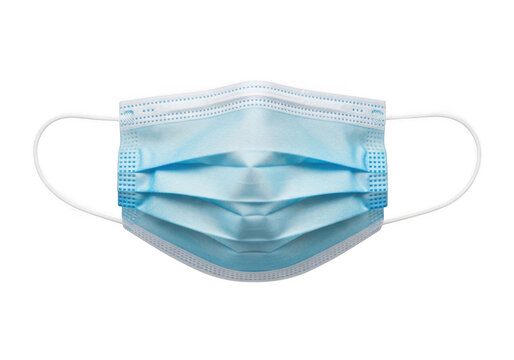 A disposable face mask with blue ear loops and a white front panel