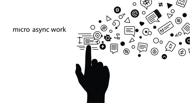 Human hand pointing towards a collection of floating digital icons and chat bubble symbols represents the concept of micro asynchronous work in a fast-paced collaborative virtual environment.