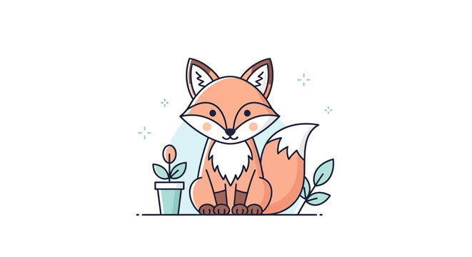 Cute cartoon fox sitting next to a small potted plant with stars around.
