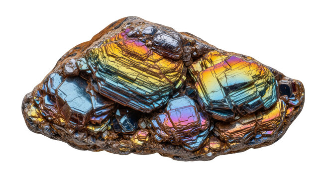 Close-up of a colorful iridescent mineral crystal specimen, resembling peacock ore or bismuth. Isolated on a transparent background. Ideal for geology, jewelry design, and holistic healing concepts