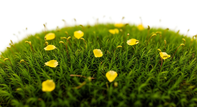 Tiny yellow flower petals scattered across a vibrant green mossy surface, macro photography