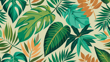 Fototapeta premium A vibrant, seamless tropical jungle pattern of various Monstera and palm leaves in green, teal, and orange tones on a cream background.