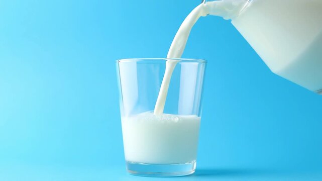 Pouring milk on blue background. Fresh milk is poured into a glass on a blue background. Fresh cow milk. Dairy product pastel baby blue