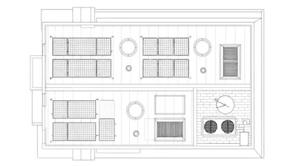 Top view of a building roof plan with hvac units and solar panels © S.Siam