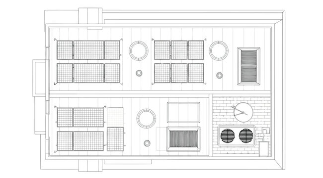 Top view of a building roof plan with hvac units and solar panels