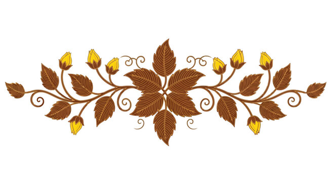 Decorative floral border element with brown leaves and yellow rose buds