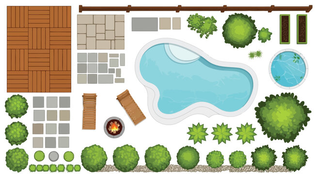 Top view landscape design elements for garden and pool area