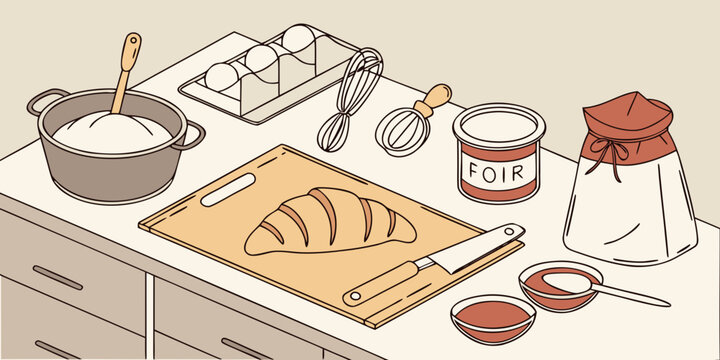 Overhead view of baking ingredients and tools on a kitchen counter