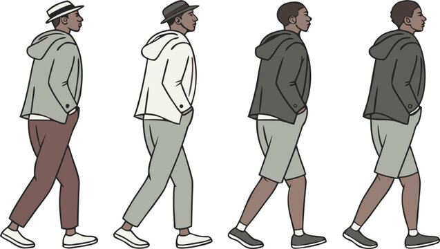 Four men walking in different casual outfits and styles