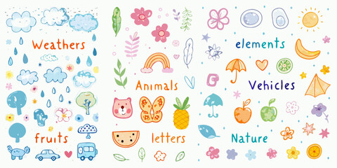 Naklejka premium Colorful watercolor illustrations of weather animals fruits and other elements