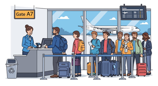 Airport boarding gate A7 with diverse travelers queuing for flight, airplane visible