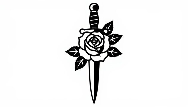 elegant dagger with white rose emblem isolated on white background minimalist design