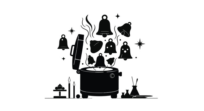 Bells emerging from a vintage cooking pot symbolize the creative process of forging musical instruments or casting metal artifacts within an artistic studio environment for professional design.