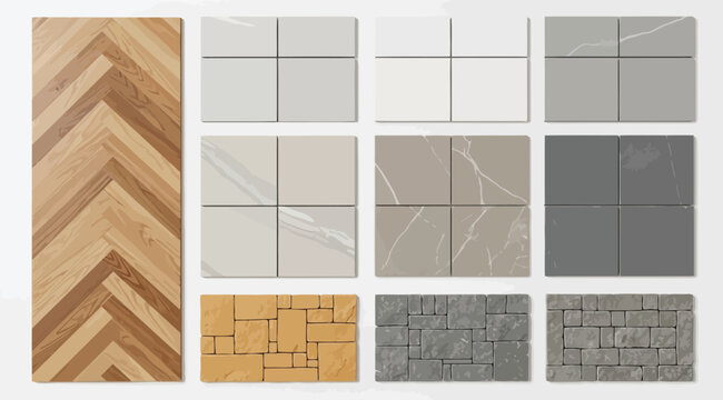 Set of various floor and wall tile textures including wood herringbone, marble, stone, and ceramic tiles