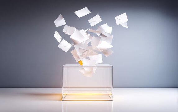 Transparent Ballot Box with Papers in Mid Air Composition
