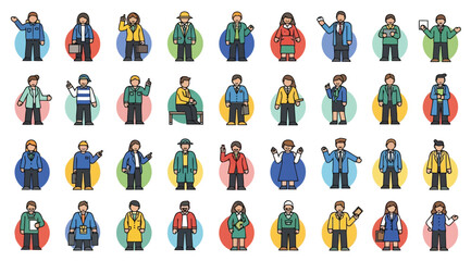 Fototapeta premium Set of diverse professional business people avatars, flat vector icons of office workers, managers, and corporate employees in various poses and outfits