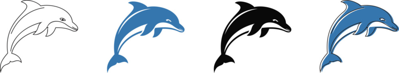 Dolphin icon set featuring jumping marine mammals in blue and black styles. Aquatic animal silhouettes represent nature sea life and summer vacation. Vector illustration. © Mon Amour