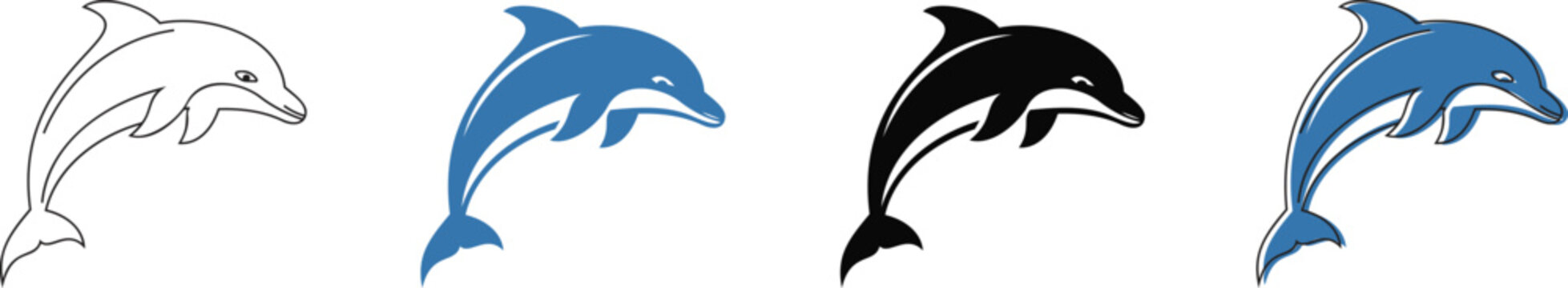 Dolphin icon set featuring jumping marine mammals in blue and black styles. Aquatic animal silhouettes represent nature sea life and summer vacation. Vector illustration.