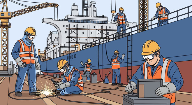 Shipyard Workers Building Large Vessel, Welding and Construction