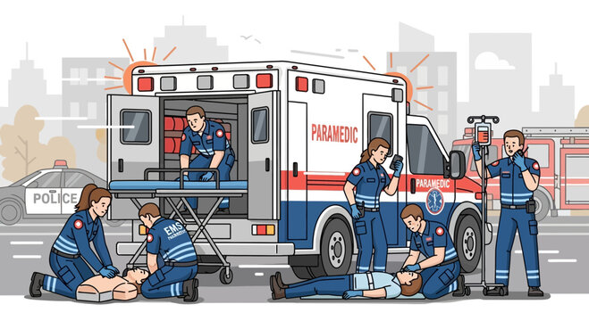 Paramedics Performing Emergency Medical Procedures Beside Ambulance and Police Car