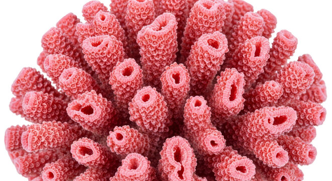 A stunning macro close-up of a red organ pipe coral skeleton, highlighting its intricate, porous tubular structures and vibrant pinkish-red color. Isolated on a transparent background
