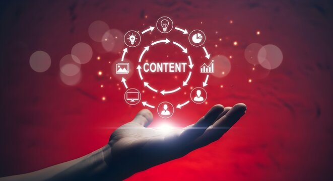 Hand presenting content creation process with icons and circular workflow