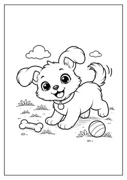 cartoon coloring page of a cute dog playing with a bone.